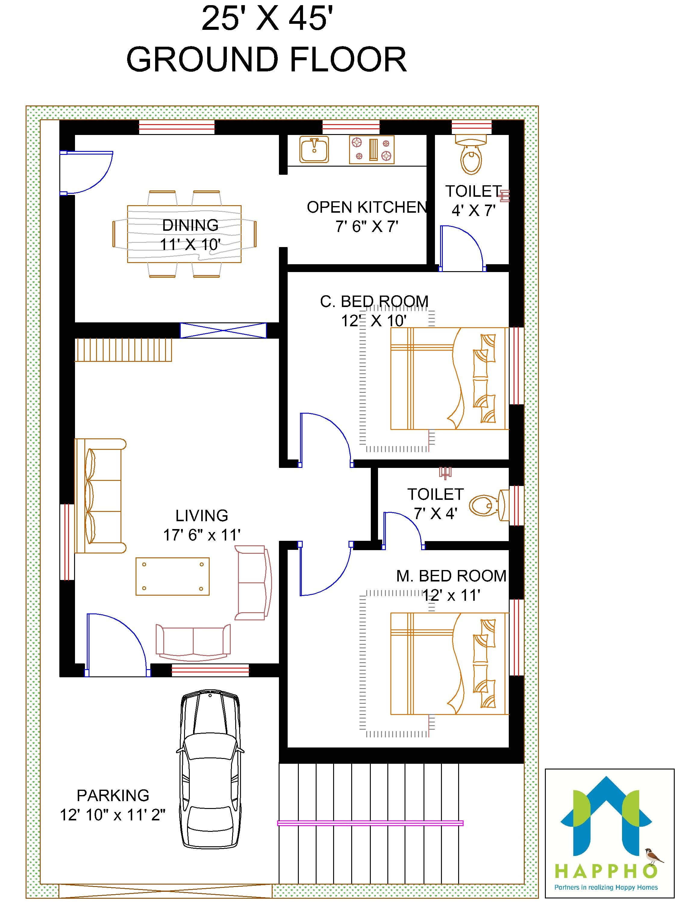 20×40 House Plan 2bhk 2 Bhk Floor Plan for 45 X 25 Plot 