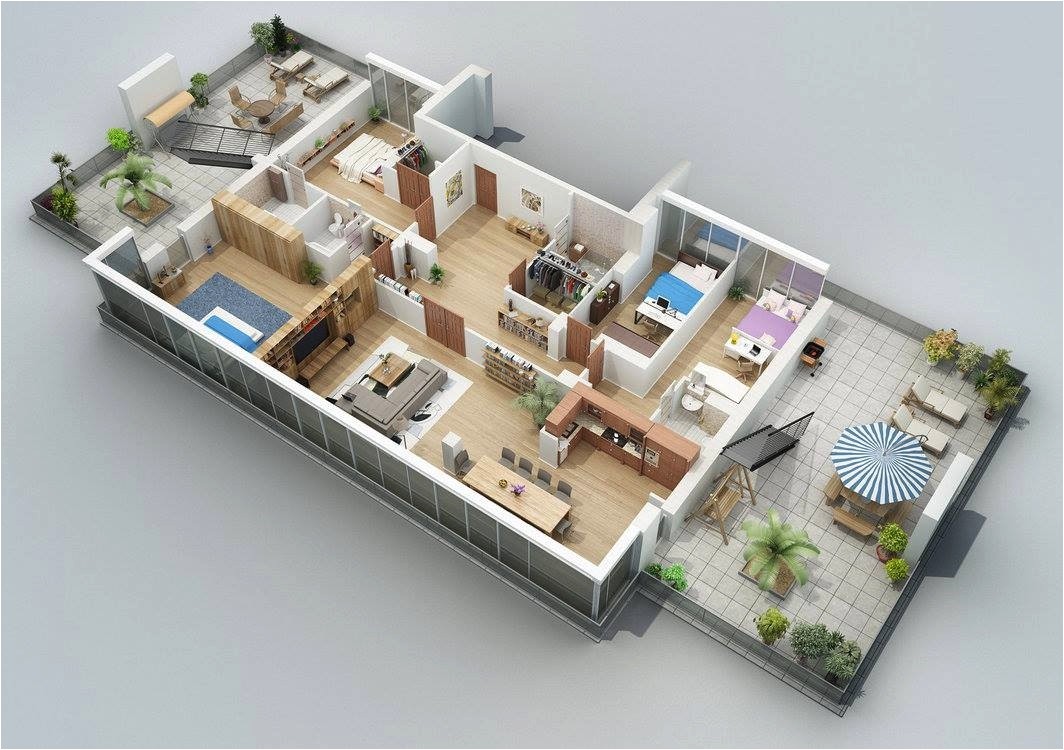 apartment designs shown with rendered 3d floor plans