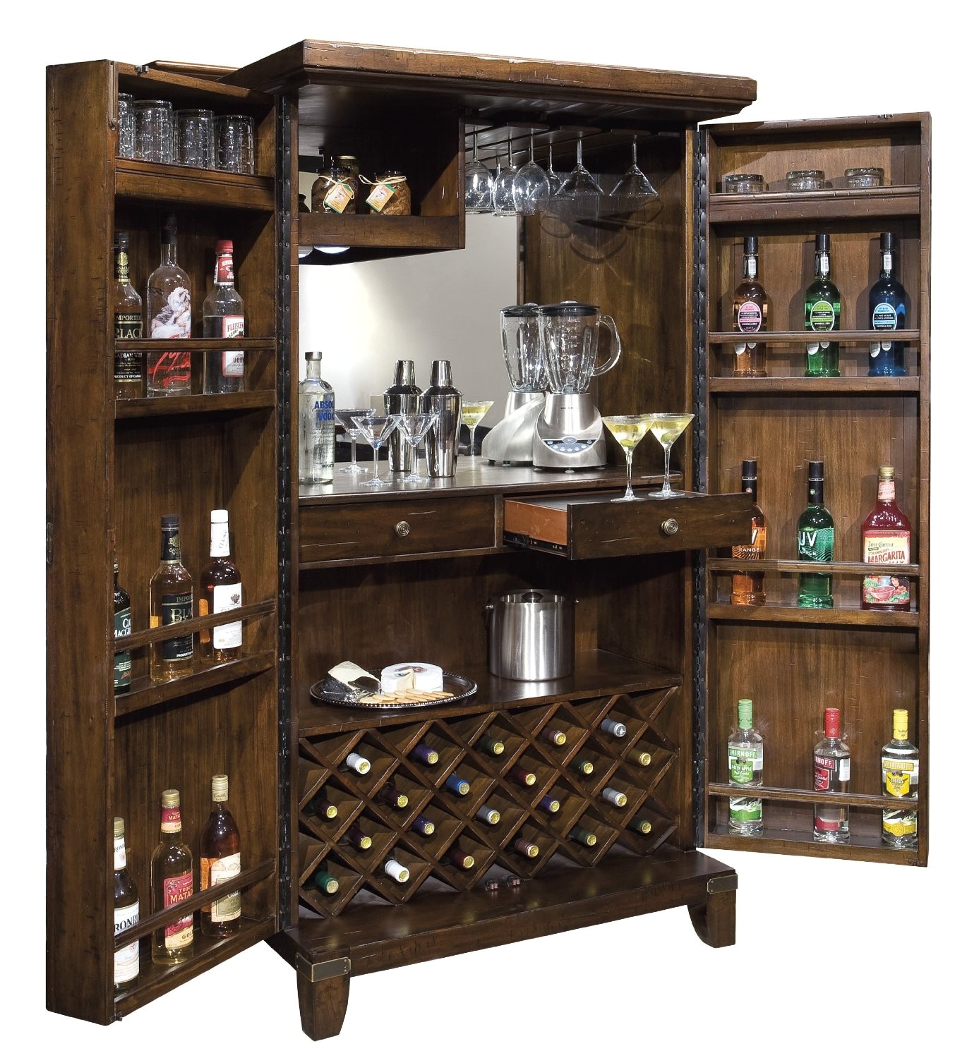 standing wine and liquor cabinet in dark wood
