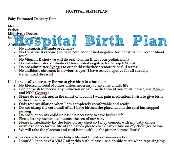 example of hospital birth plan