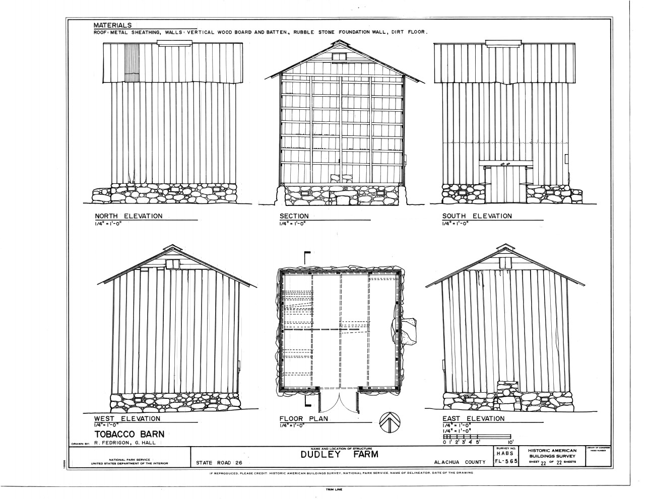 file tobacco barn elevations floor plan and section dudley farm farmhouse and outbuildings 18730 west newberry road newberry alachua county fl habs fl 565 sheet 22 of 22 png