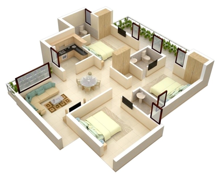 free 3 bedrooms house design and lay out