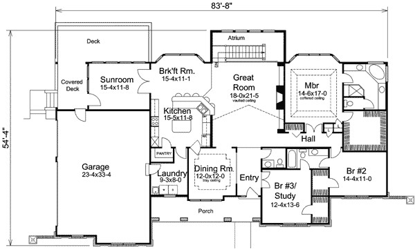 atrium ranch home plan with sunroom 57155ha