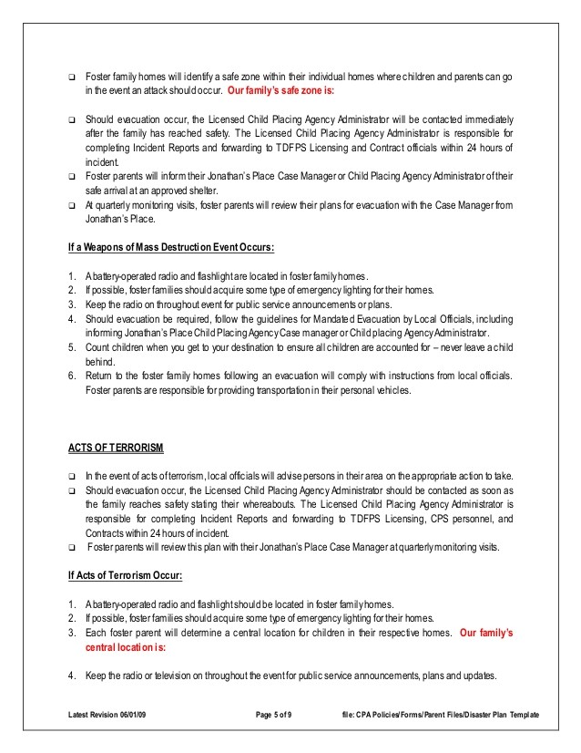 disaster emergency plan template for families