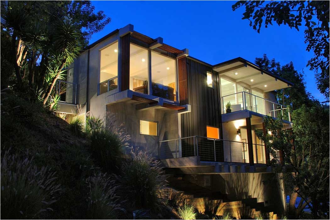contemporary hillside homes design nigh lighting