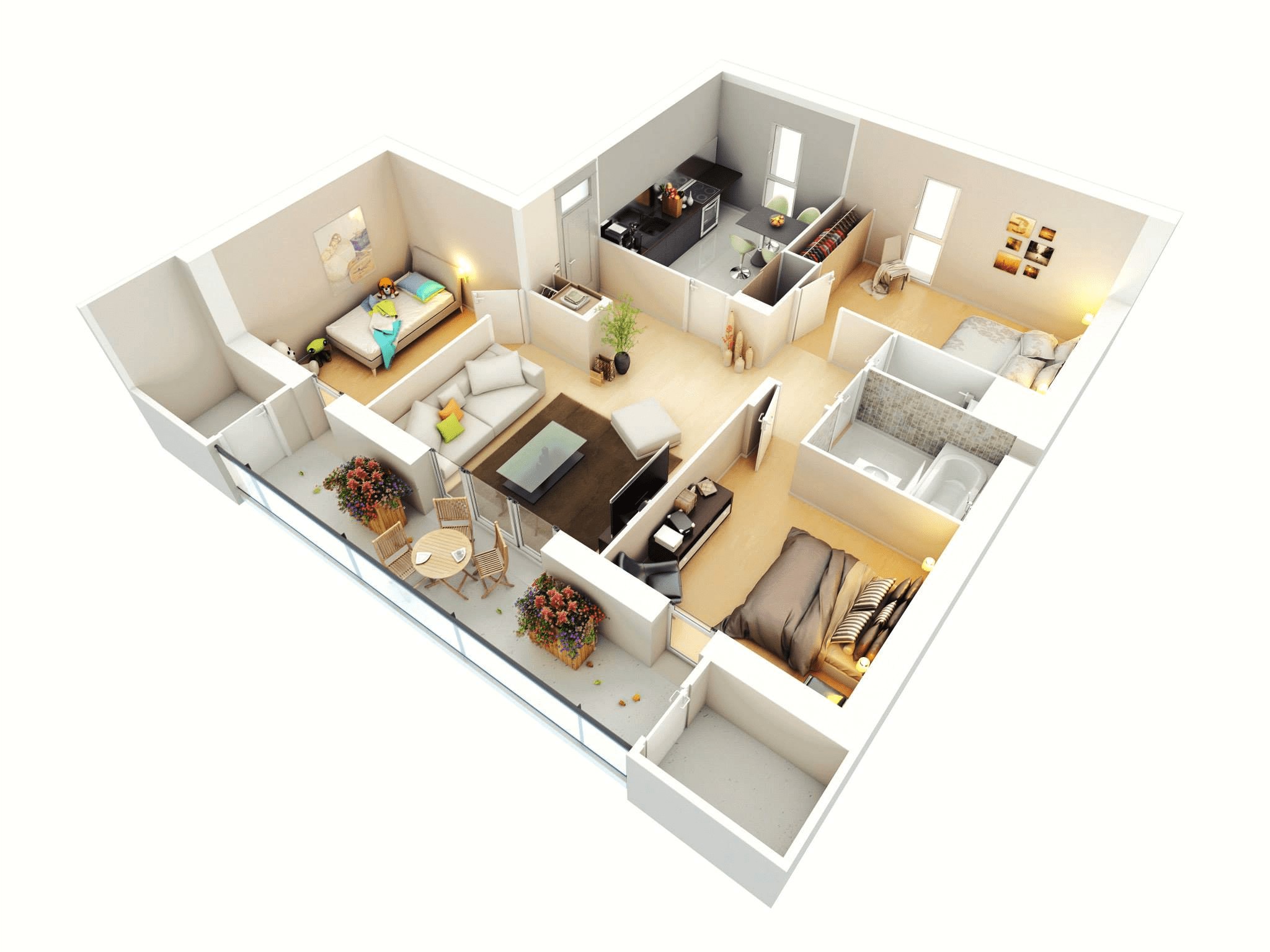 3d three bedroom house layout design plans
