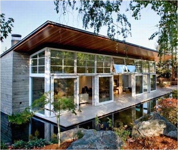 sustainable house by the pond