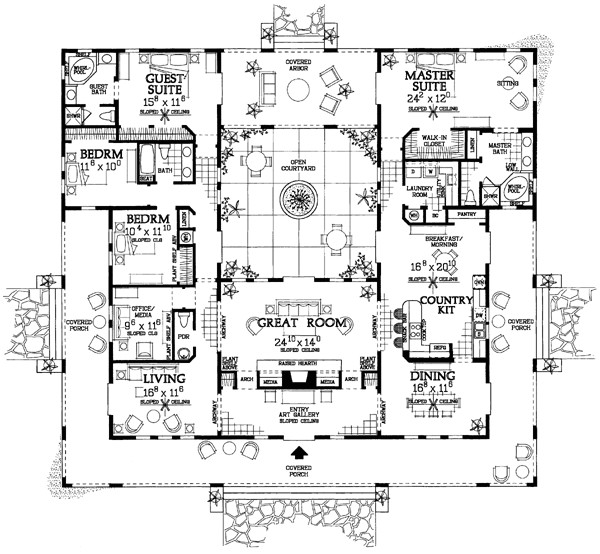 Home Plans with Courtyard In Center Open Courtyard House Plan Hunters