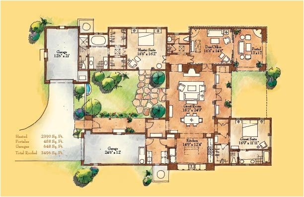 New Mexico House Plans Adobe Style Home with Courtyard Santa Fe Style Meets