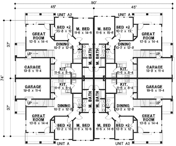 8 unit house plan with corner decks 18511wb