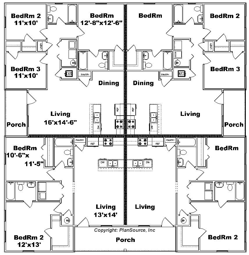4 plex apartment floor plans