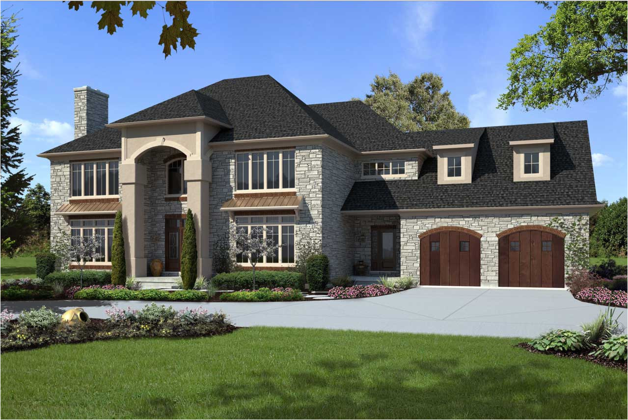 custom luxury home designs with gray and brown colors ideas with brown wooden garage doors