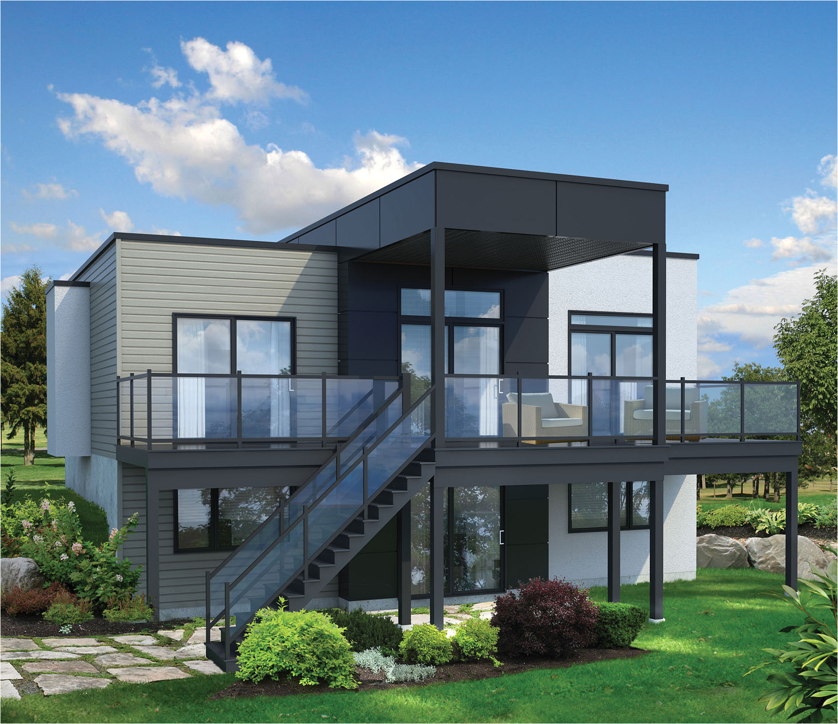 2 bed modern house plan for sloping lot 80780pm