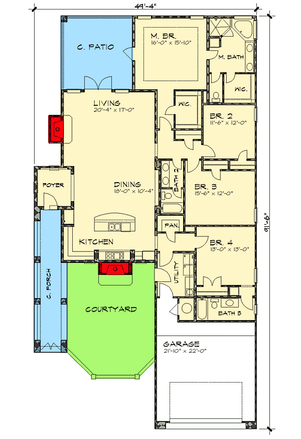 narrow lot courtyard home plan 36818jg