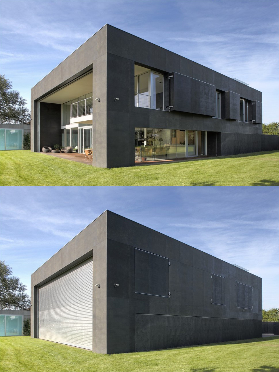 house closes into solid concrete cube covering all glazed areas